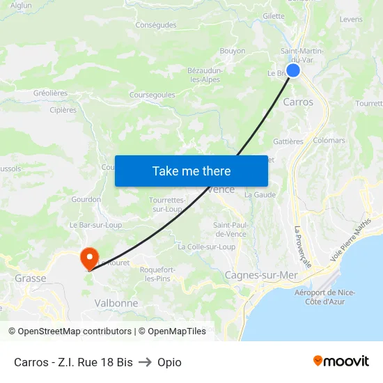 Carros - Z.I. Rue 18 Bis to Opio map