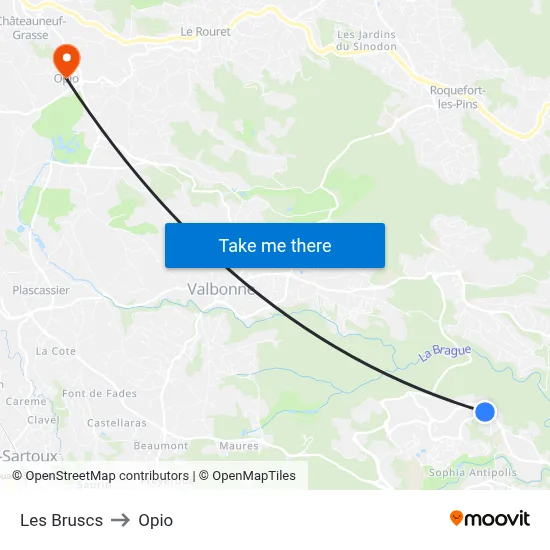 Les Bruscs to Opio map