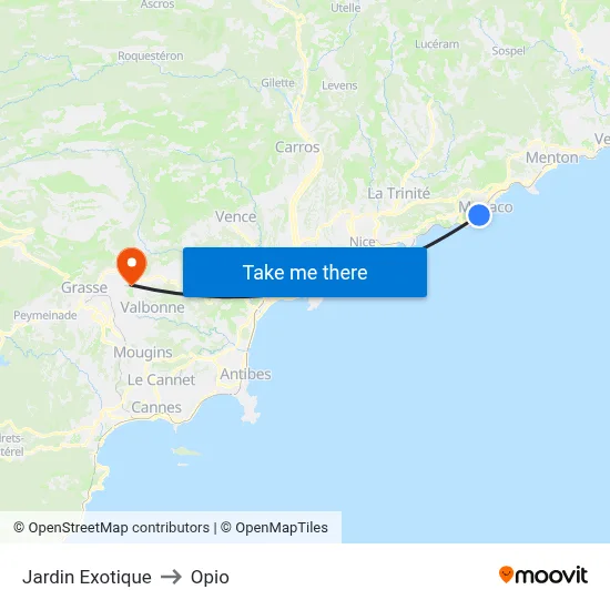 Jardin Exotique to Opio map