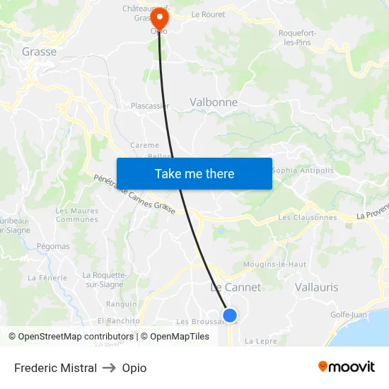 Frederic Mistral to Opio map