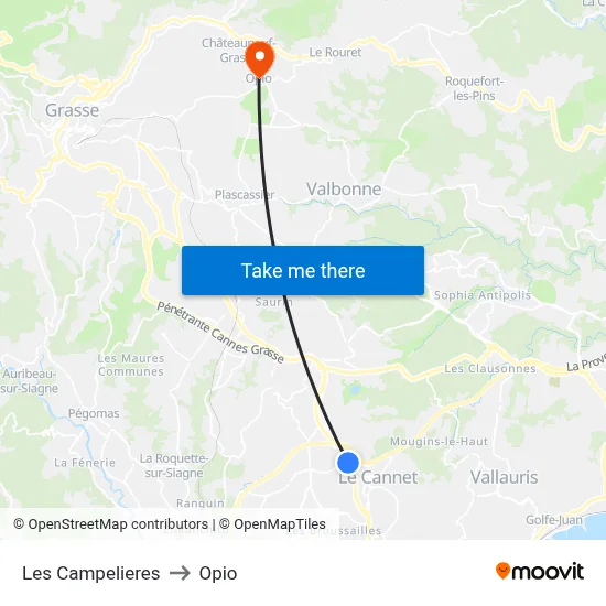 Les Campelieres to Opio map
