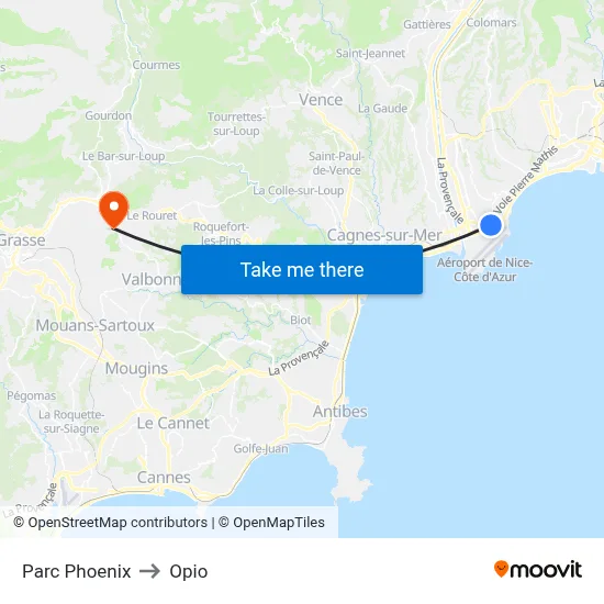 Parc Phoenix to Opio map