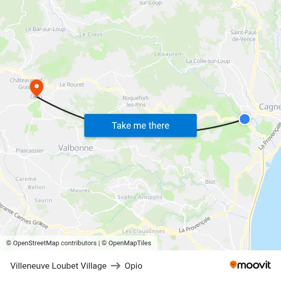 Villeneuve Loubet Village to Opio map