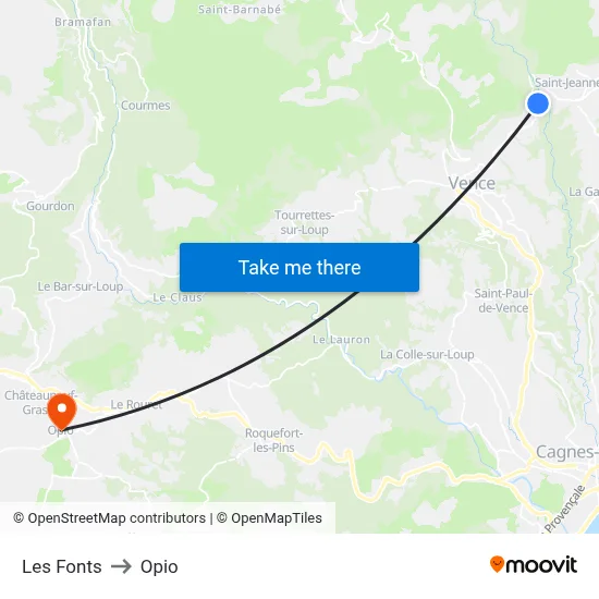 Les Fonts to Opio map