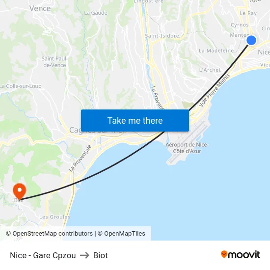 Nice - Gare Cpzou to Biot map