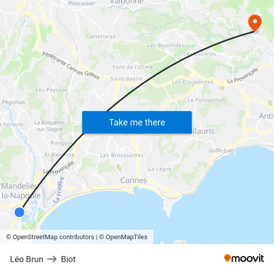 Léo Brun to Biot map