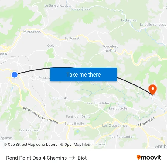 Rond Point Des 4 Chemins to Biot map