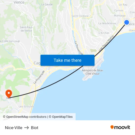 Nice-Ville to Biot map