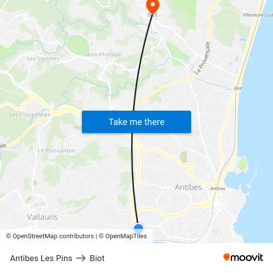 Antibes Les Pins to Biot map