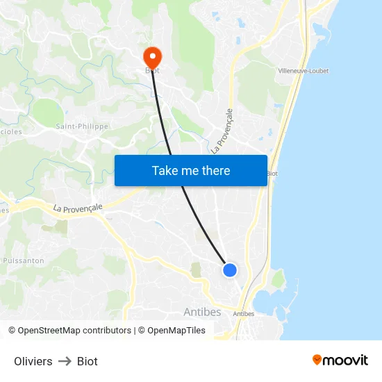 Oliviers to Biot map