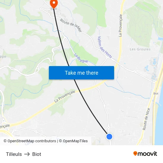 Tilleuls to Biot map