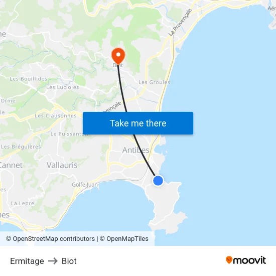 Ermitage to Biot map
