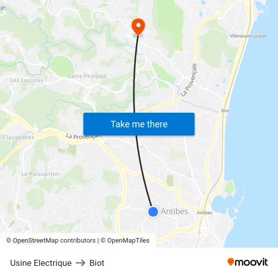 Usine Electrique to Biot map