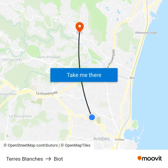 Terres Blanches to Biot map