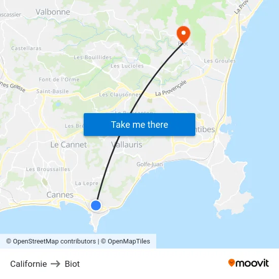 Californie to Biot map