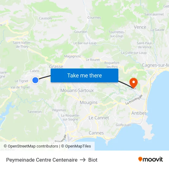 Peymeinade Centre Centenaire to Biot map