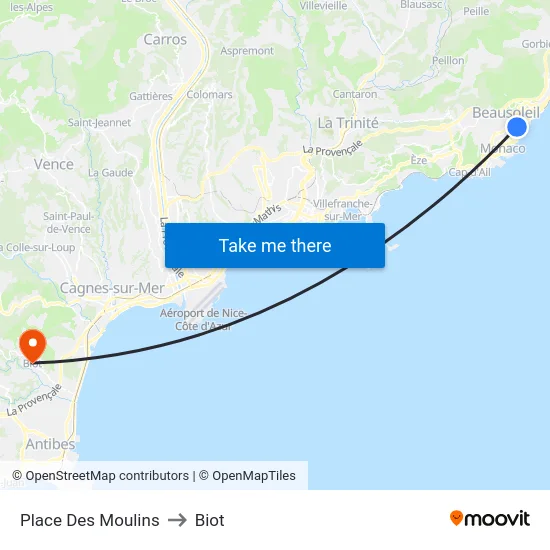 Place Des Moulins to Biot map