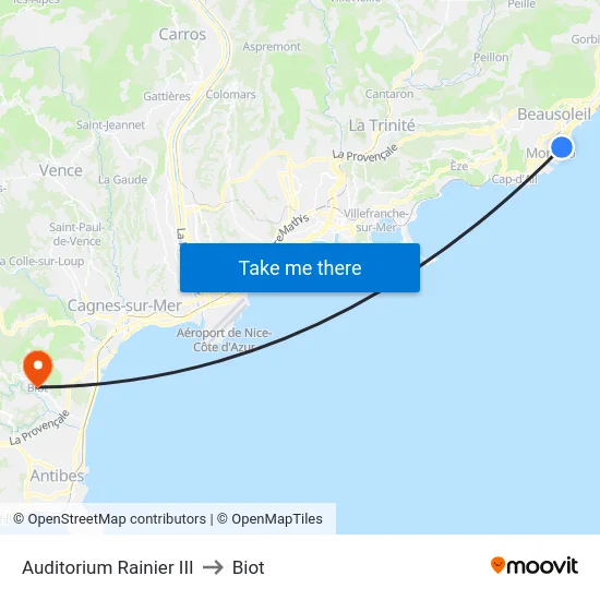 Auditorium Rainier III to Biot map