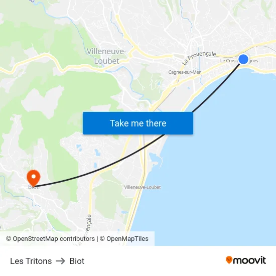 Les Tritons to Biot map