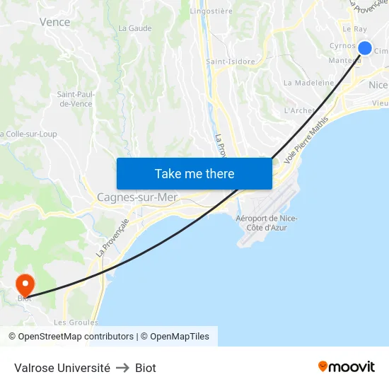 Valrose Université to Biot map