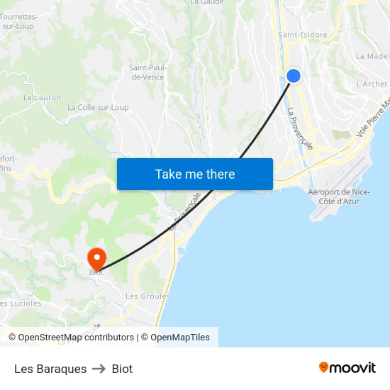 Les Baraques to Biot map