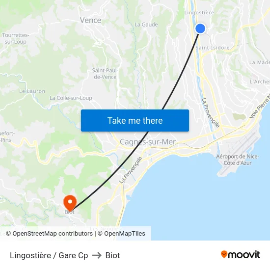 Lingostière / Gare Cp to Biot map
