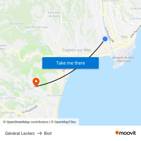 Général Leclerc to Biot map