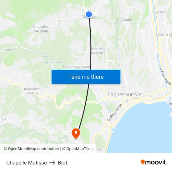 Chapelle Matisse to Biot map