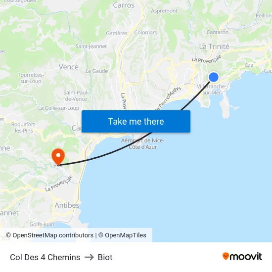 Col Des 4 Chemins to Biot map