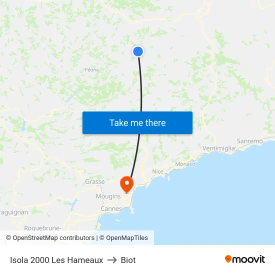 Isola 2000 Les Hameaux to Biot map