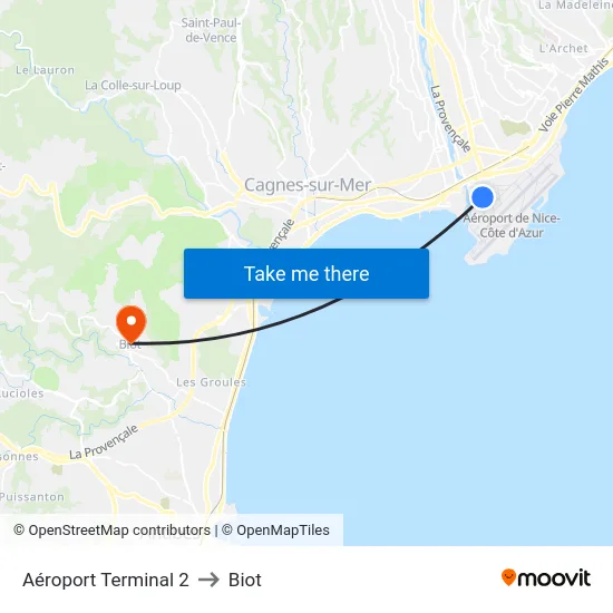 Aéroport Terminal 2 to Biot map
