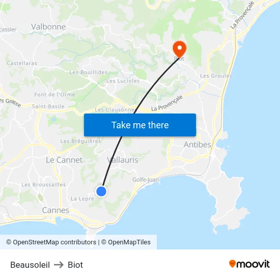 Beausoleil to Biot map