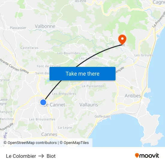 Le Colombier to Biot map