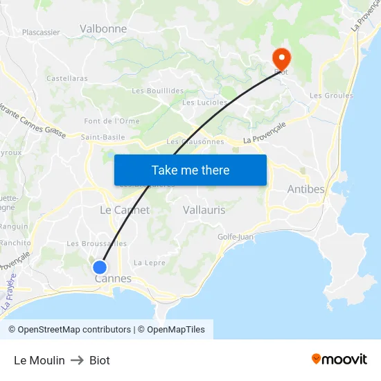 Le Moulin to Biot map