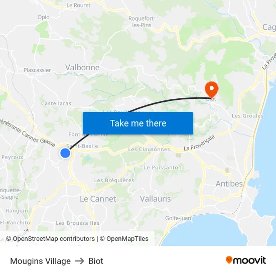 Mougins Village to Biot map