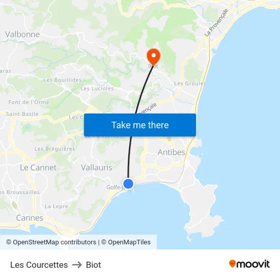 Les Courcettes to Biot map