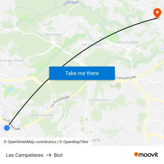 Les Campelieres to Biot map