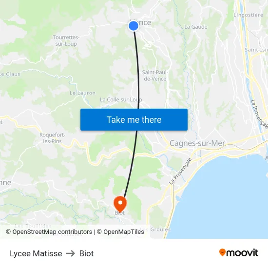 Lycee Matisse to Biot map