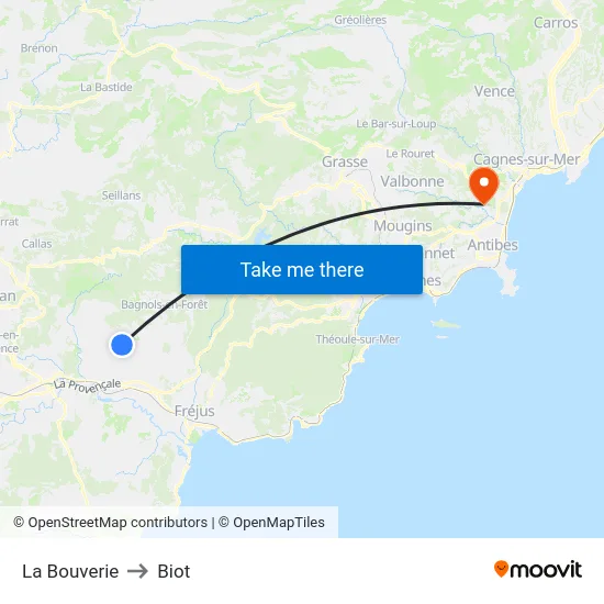 La Bouverie to Biot map