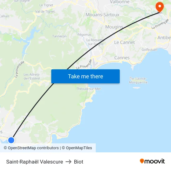 Saint-Raphaël Valescure to Biot map