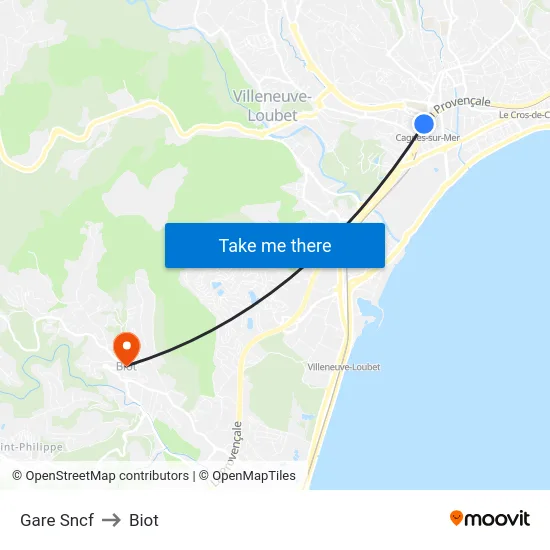 Gare Sncf to Biot map