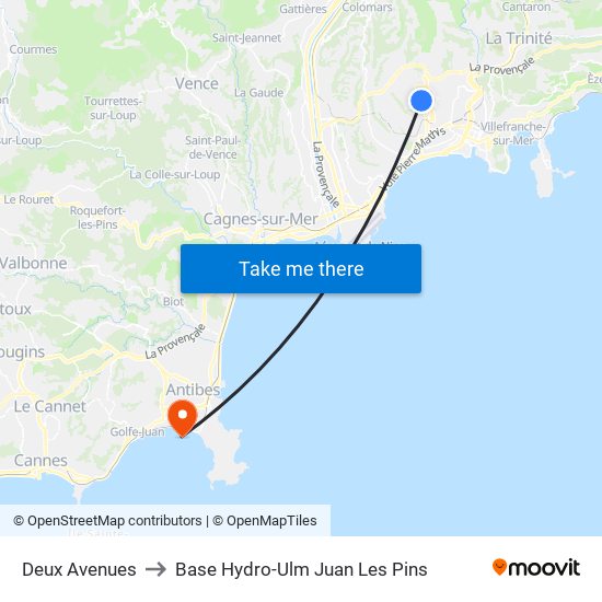 Deux Avenues to Base Hydro-Ulm Juan Les Pins map