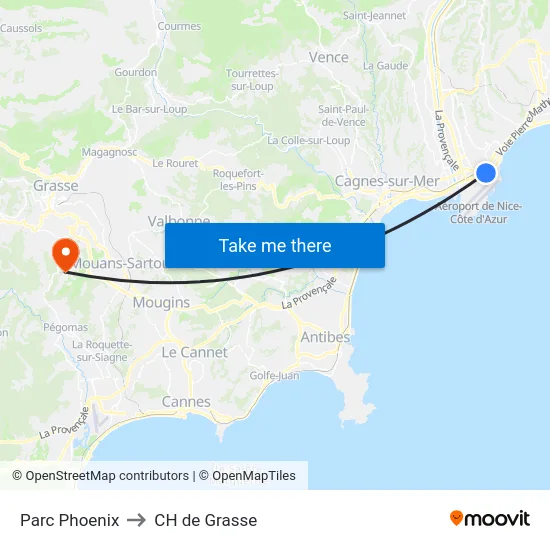 Parc Phoenix to CH de Grasse map