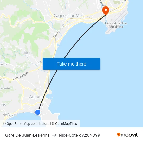 Gare De Juan-Les-Pins to Nice-Côte d'Azur-D99 map