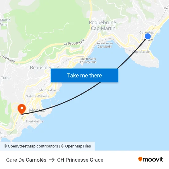 Gare De Carnolès to CH Princesse Grace map