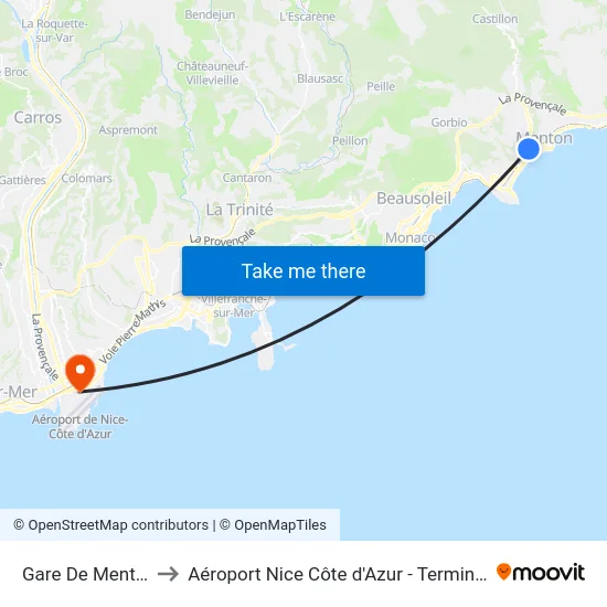Gare De Menton to Aéroport Nice Côte d'Azur - Terminal 1 map