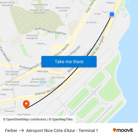 Ferber to Aéroport Nice Côte d'Azur - Terminal 1 map