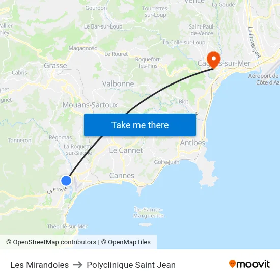 Les Mirandoles to Polyclinique Saint Jean map