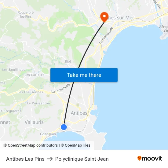Antibes Les Pins to Polyclinique Saint Jean map