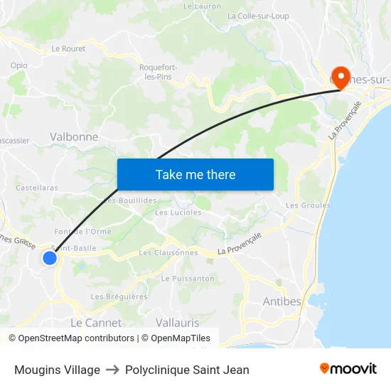 Mougins Village to Polyclinique Saint Jean map